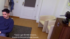 tasty-looking brunette lad enjoy sex and cums on his belly